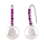 Stříbrné visací náušnice Rosalie s pravou perlou a rubíny