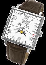 Pánské hodiny Moon Phase Square – barevná kombinace lesklá broušená nerez ocel / bílý ciferník / hnědý řemínek