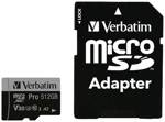 Verbatim Pro paměťová karta microSDXC 512 GB UHS-Class 3 podpora videa 4K, výkonnostní standard A2, vč. SD adaptéru, nárazuvzdorné, vodotěsné