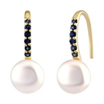 Stříbrné visací náušnice Rosalie s pravou perlou a safíry zlacené 18kt. zlatem