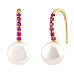 Stříbrné visací náušnice Rosalie s pravou perlou a rubíny zlacené 18kt. zlatem