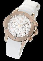 Dámské hodinky Roadster – barevná kombinace nerez ocel pozlacená růžovým Au / bílý ciferník / bílý řemínek