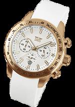 Dámské hodinky Steward N – barevná kombinace nerez ocel pozlacená růžovým Au / bílý ciferník / bílý řemínek